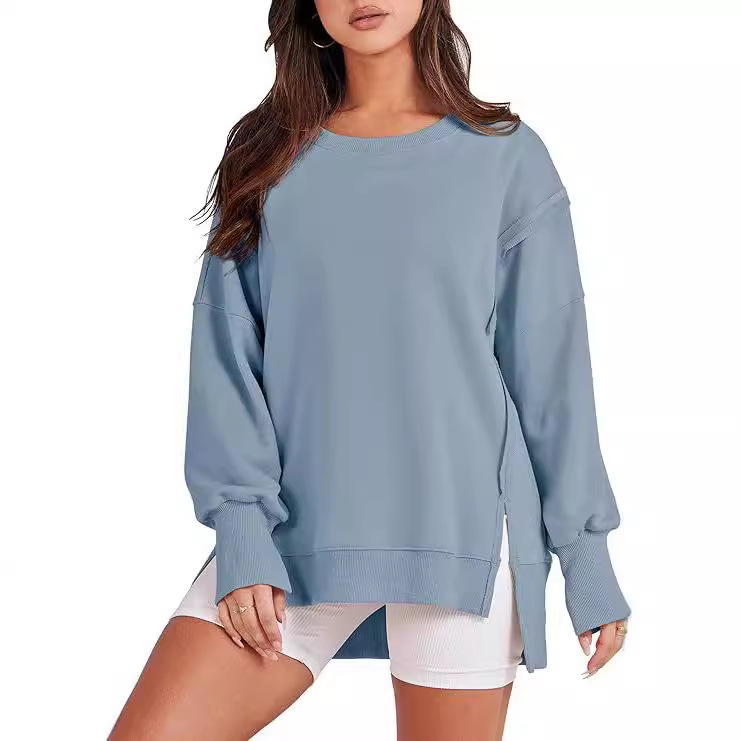 Amazon 2024 foreign trade Europe and the United States new round neck long sleeve top women's burr split stitching sweater cross-border women's clothing