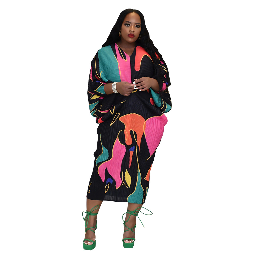 K10263 Independent Station European and American Women's Cross-border Supply 2023 Explosions Plus Color V-Collar Bat Sleeve Printed dress