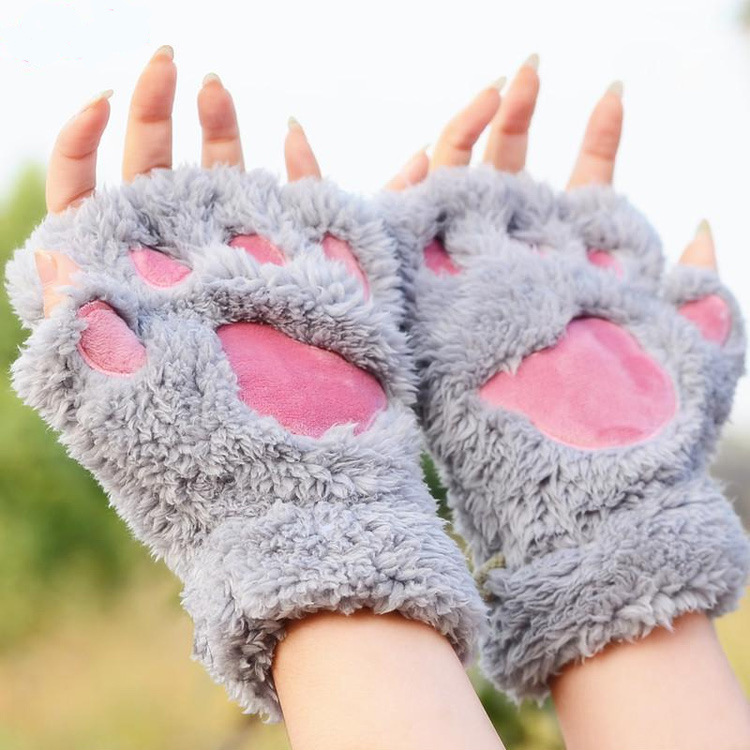 Cute Cat's Claw Gloves Women's Autumn and Winter Warm Cold-proof Plush Half-finger Gloves Thickened fleece-lined Student Writing Finger Leakage