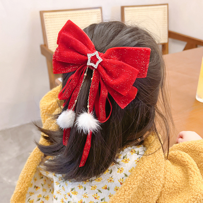 New Year festive red bow gold velvet stars hairpin hair accessories hair ball tassel headwear top clip women Wholesale