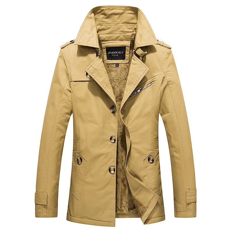 Amazon men's casual jacket mid-length fleece-lined thickened cotton trench coat men's autumn and winter coat