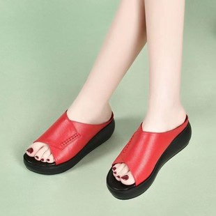 Real Soft Leather Thick-soled Soft-soled Mother Slippers Women's Summer 2022 New Arrival Fashionable Outwear Wedge Sandals