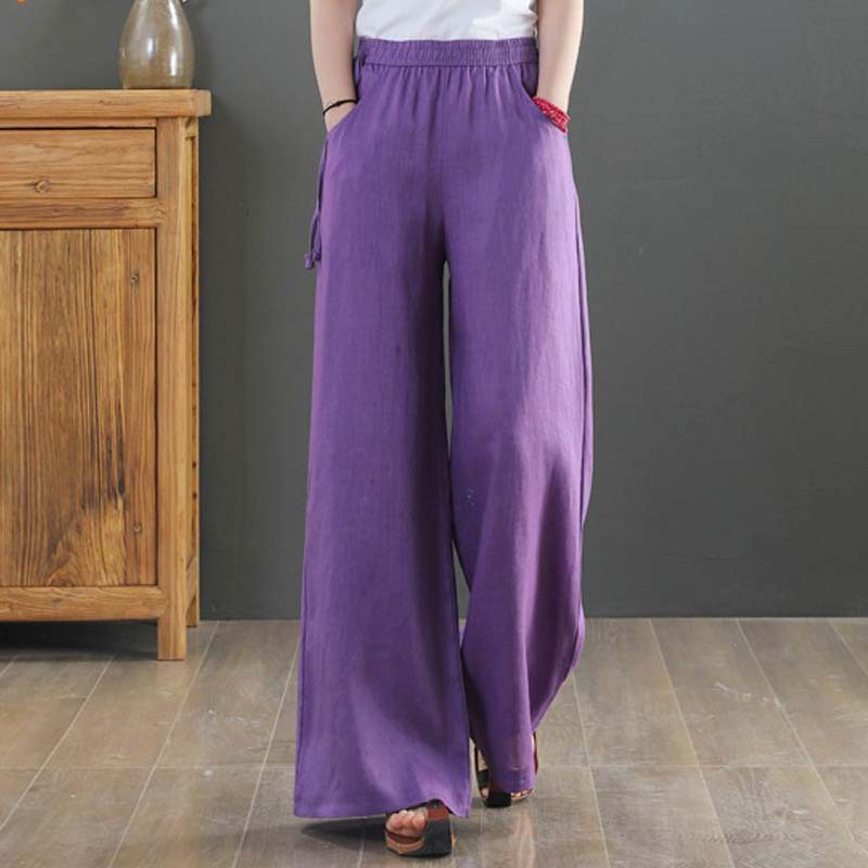 In the summer of 2024, the new artistic loose solid color cotton and linen elastic waist wide leg pants pants women's casual pants #9793#