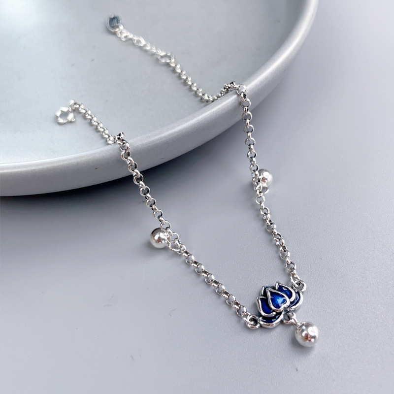 s925 Sterling Silver Blue Lotus Anklet Female Bell Foot Rope Original Design Retro Art Ancient Style Transfer Beads Foot Jewelry