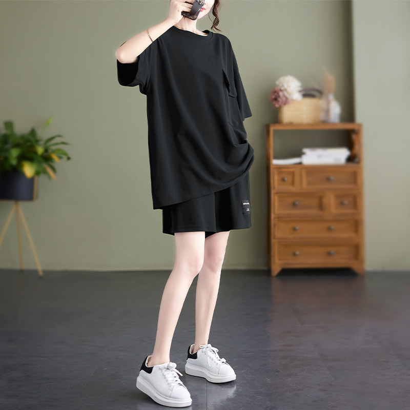 Short Sleeve suit women's fashion plus size casual chubby girl European style pocket design slimming shorts two-piece set for women