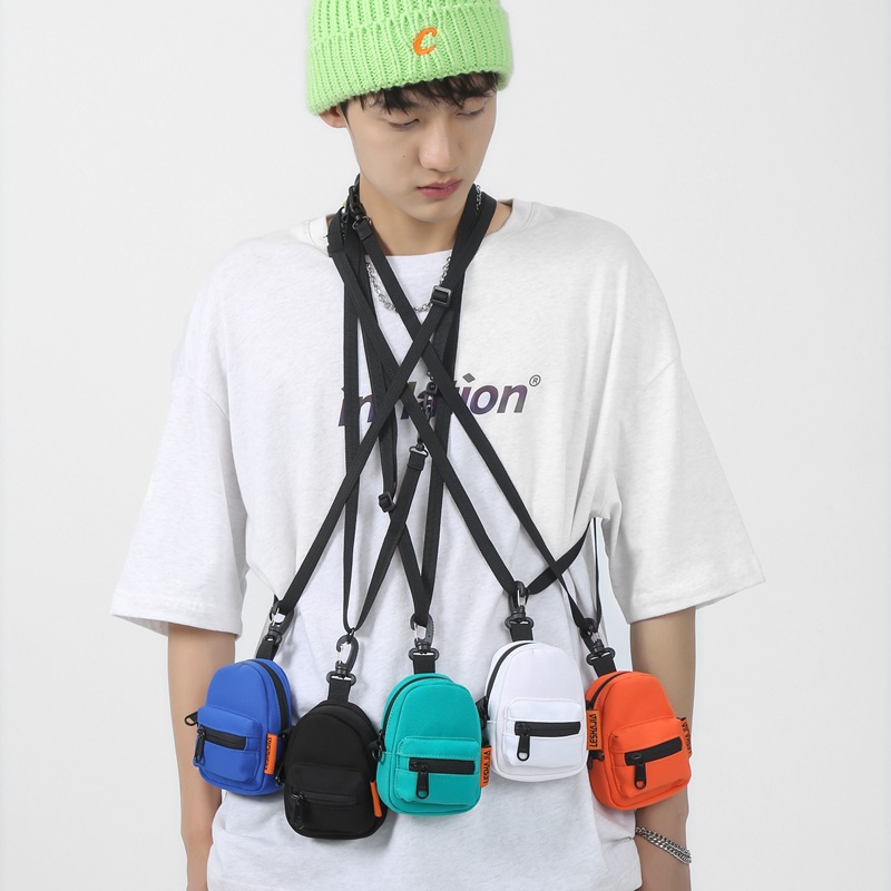 Mini Crossbody Bag Solid Color Coin Pocket Card Case Earphone Bag Hip-Hop Personality Small Shoulder Bag Key Crossbody Bag Men's Trendy Small Bag
