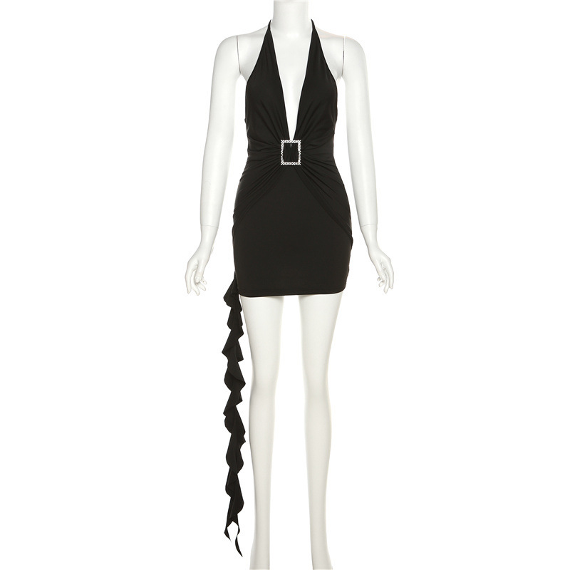 European and American style 2024 autumn new women's clothing fashion trend sexy halter backless slim sheath solid color dress