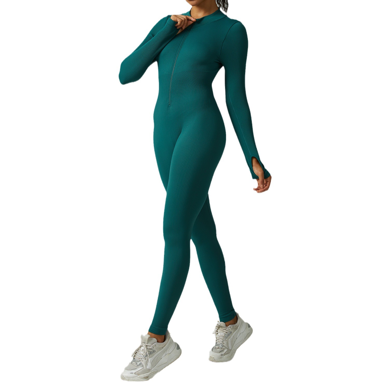 New European and American seamless zipper long-sleeved trousers one-piece yoga suit tight running quick-drying sports workout clothes