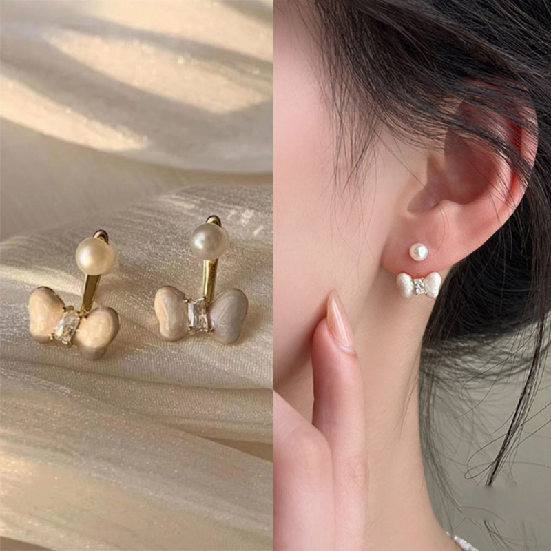法式輕奢高級感白色滴釉蝴蝶結耳環女耳掛式百搭耳釘精緻時尚耳飾