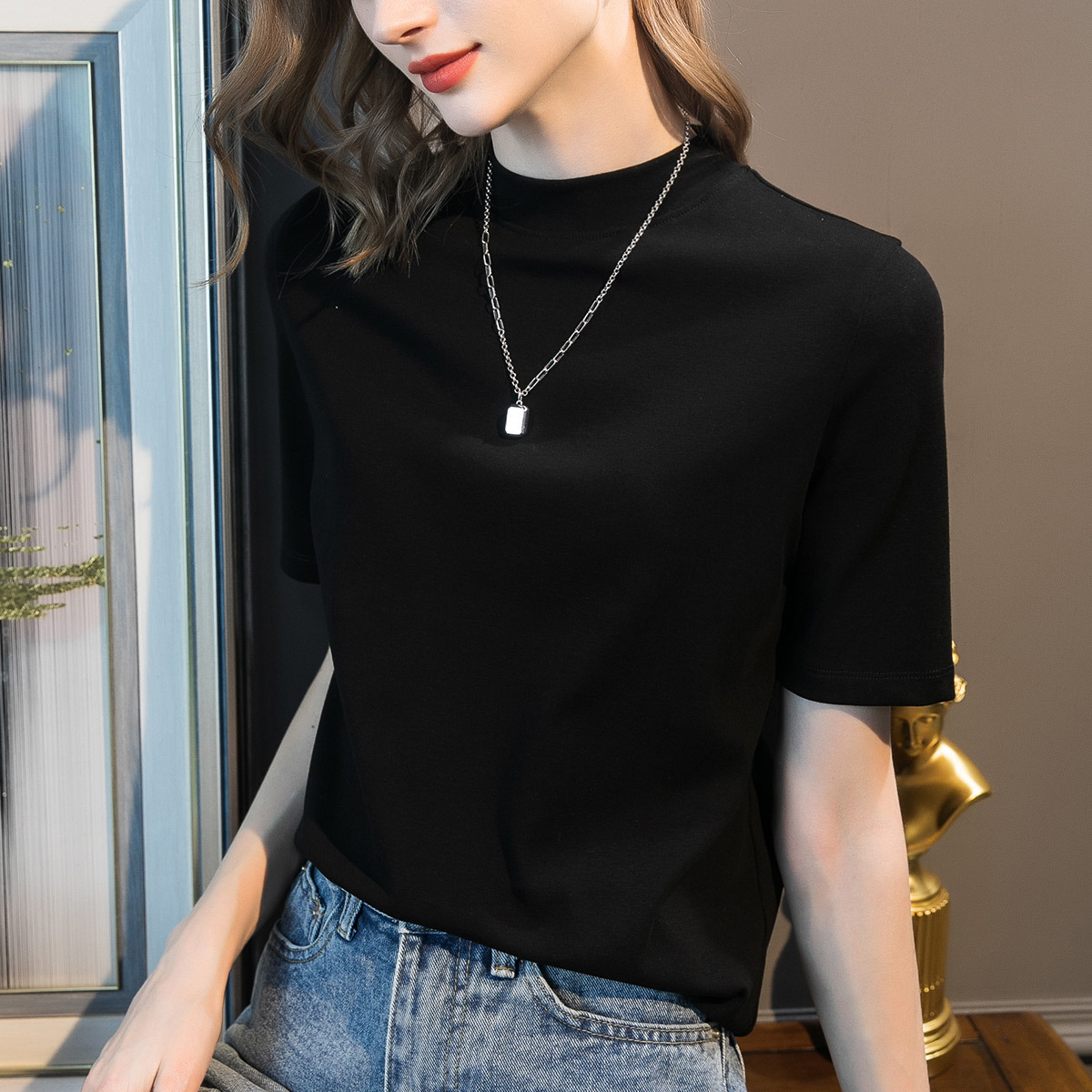 2023 autumn new women's sleeve collar design sense half sleeve T-shirt women slim T-shirt jacket a generation of hair