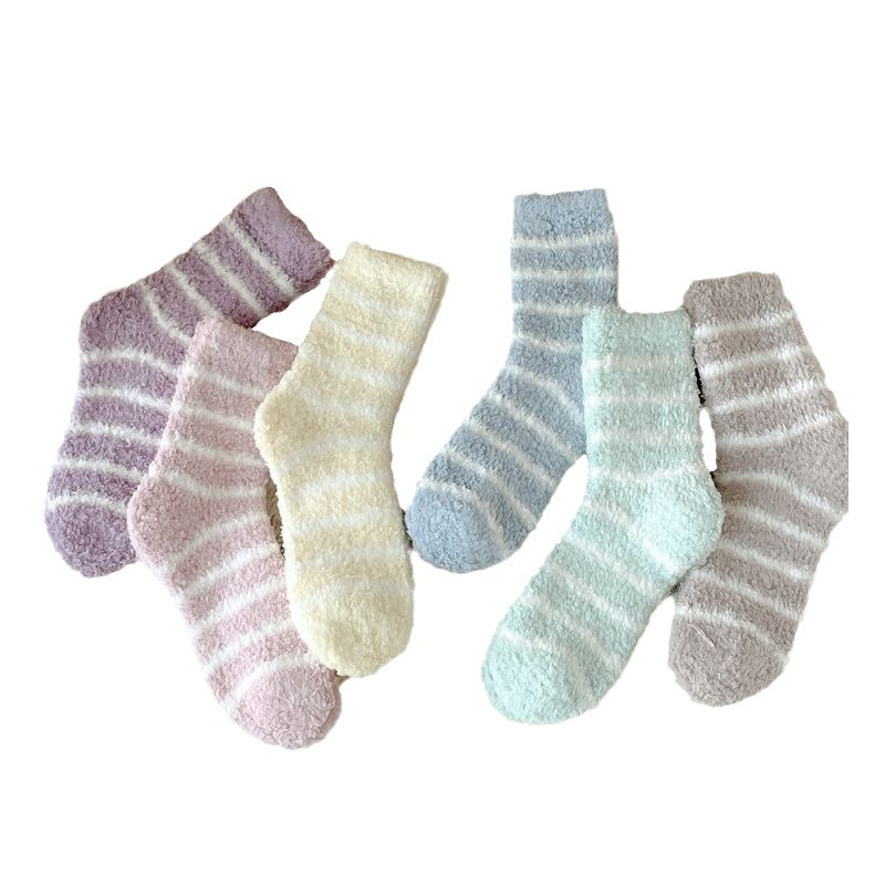 Women's socks autumn and winter fleece-lined thickened warm coral fleece striped mid-calf socks home floor socks sleep socks wholesale