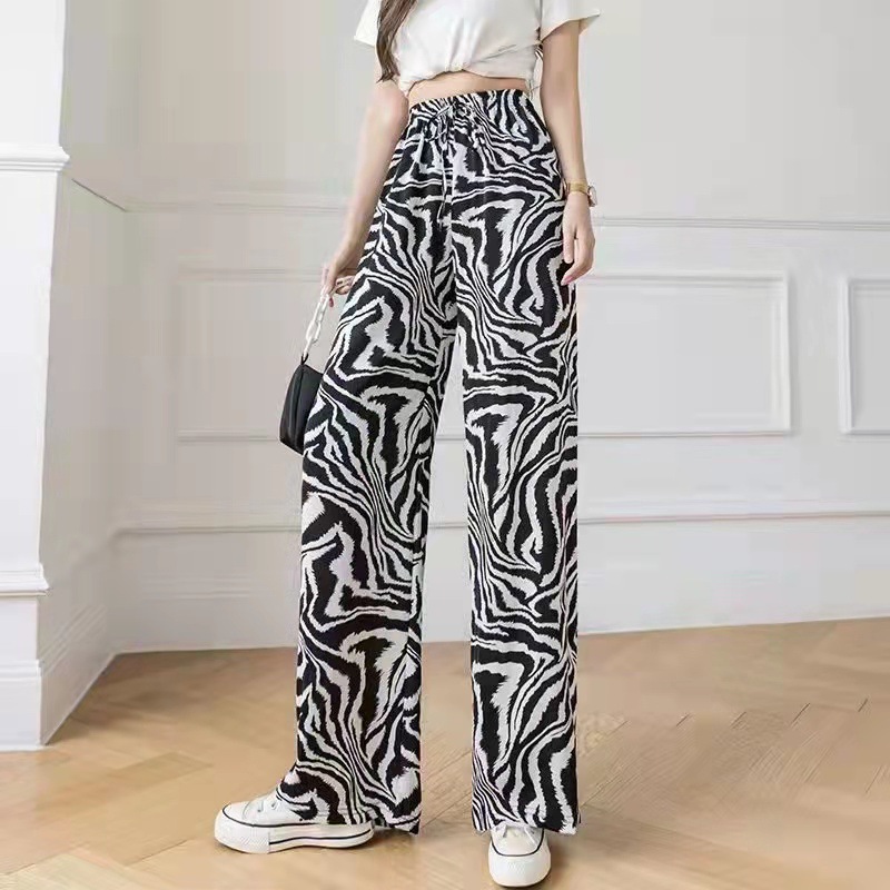 Ink painting dye pants women's summer thin Korean casual ice silk pants draping mop pants straight wide leg pants