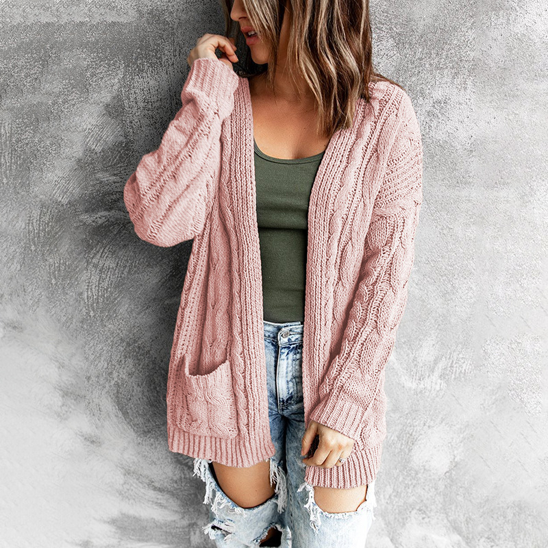 Cross-border Solid Color Pocket Long Twist Knitted Cardigan Jacket for Autumn and Winter 2023 New European and American Pocket Sweater for Women