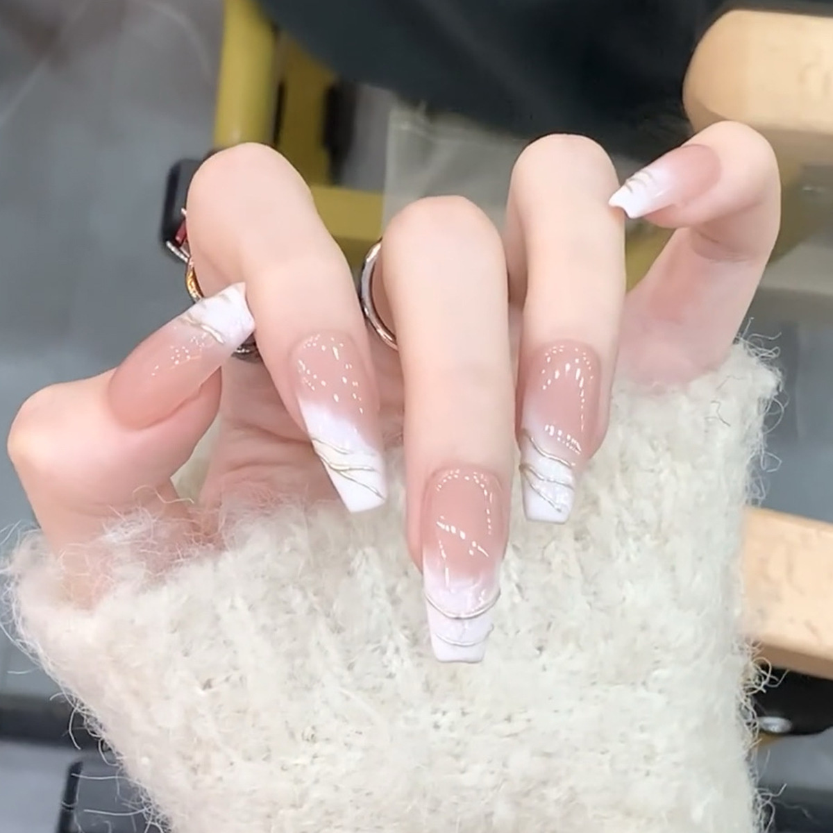 Gentle white fairy nail line pink white gradient wear nail piece fake nail long ballet nail finished product