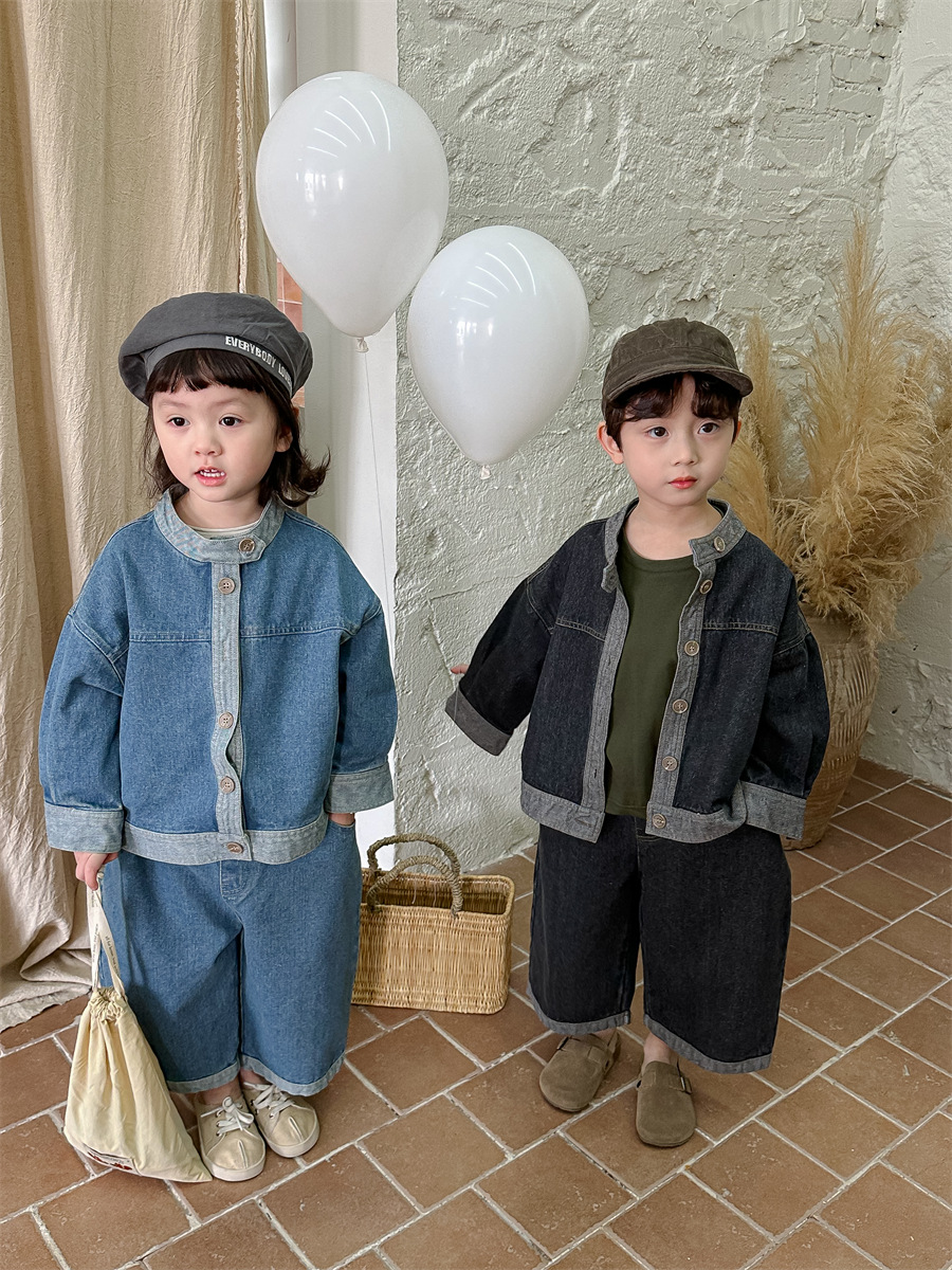 Jiaye children's 2023 children's spring color matching Denim shirt coat baby straight pants cropped pants two-piece suit