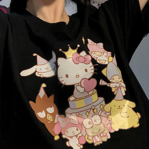 Japanese cartoon print short-sleeved T-shirt for women  summer clothing versatile loose girl trendy cute half-sleeved tops ins