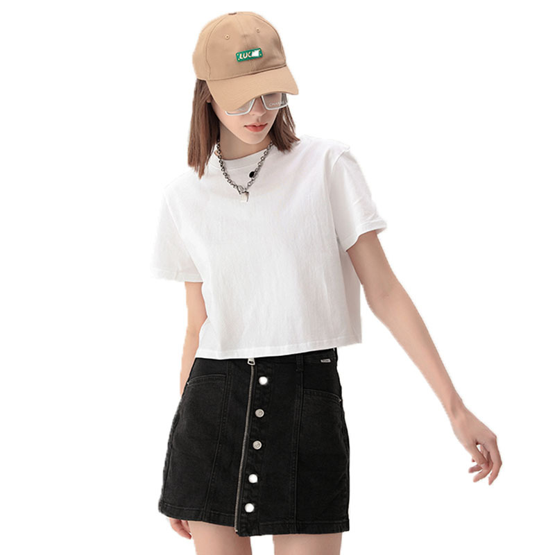 200 grams of pure cotton fashion casual cropped navel round neck short T-shirt European and American solid color short sleeve top can be customized