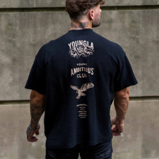 YoungLa Short-sleeved Men's Fitness Printed Collar Destruction Loop Pure Cotton oldschool Style Heavy Short-sleeved T-shirt