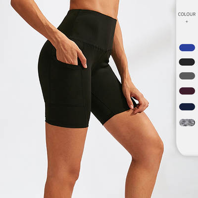 Women's high waist yoga shorts oblique pocket running training Sports quick-drying tight stretch fitness shorts 2048