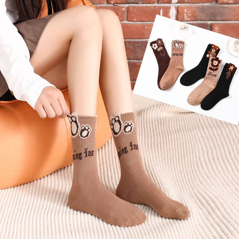 Socks Women's Autumn and Winter Plush Jewelry Feather Yarn Net Red Three-dimensional Cartoon Flower Bear Japanese Socks