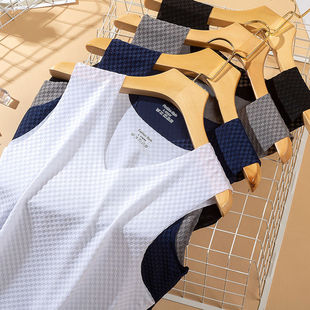 Summer Ice Silk Plaid Vest Men's Sports Fitness Quick-drying Cool T-shirt Breathable Loose Thin Bottoming Sweatshirt Trendy
