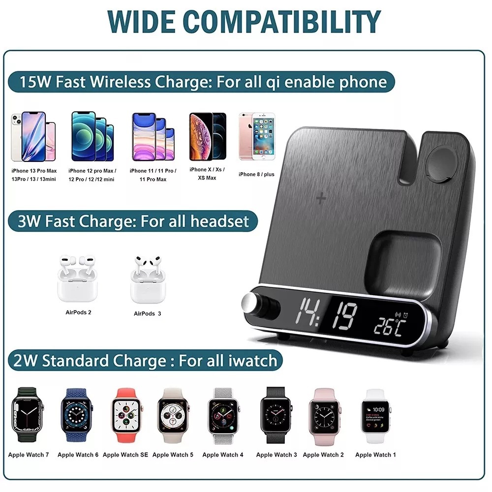 2024 new alarm clock wireless charging three-in-one wireless charging 15W clock wireless charging with thermometer