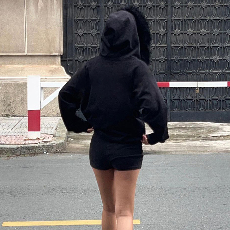 2024 Foreign Trade New Black Zipper Split Printing Plush Hooded Sweatshirt High Street BF Wind Loose Warm Jacket