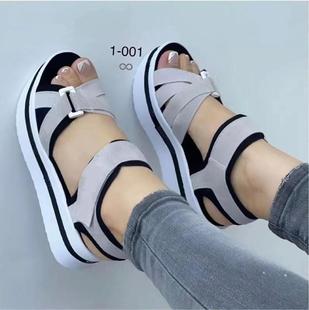 Cross-Border New Export Sandals for Women European and American Large Size Thick-Soled Color-Blocked Flats-Soled Velcro Daily Casual Beach Sandals