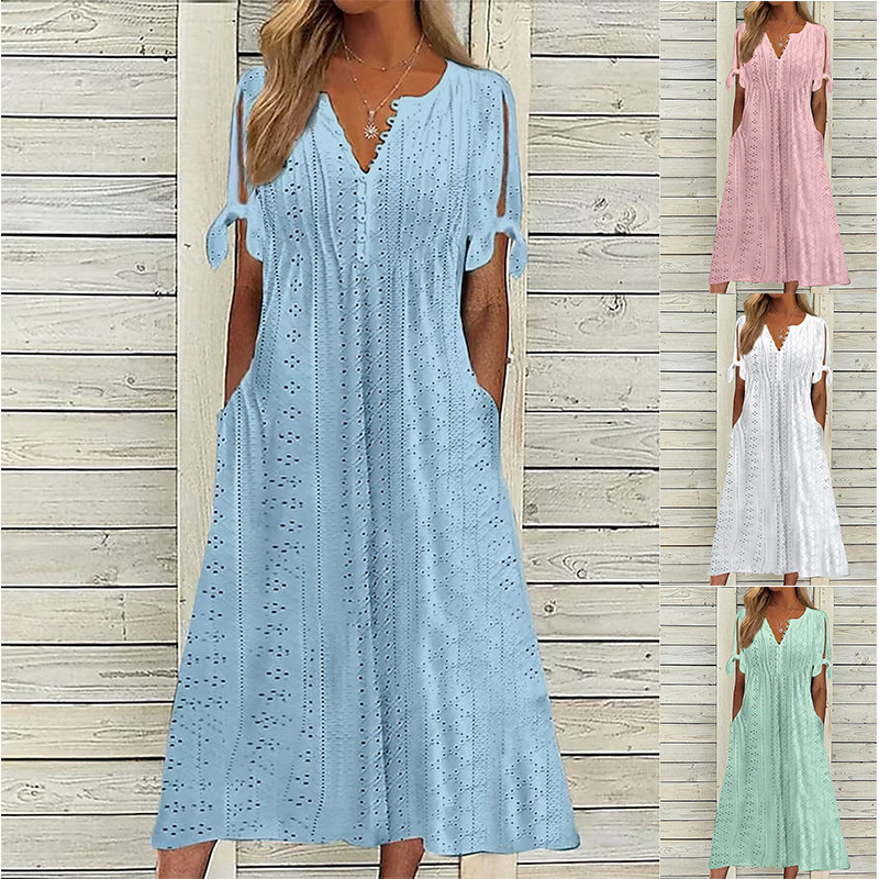 2023 Summer new cross-border European and American women's clothing Amazon women's dress hole hollow V-neck lace frill