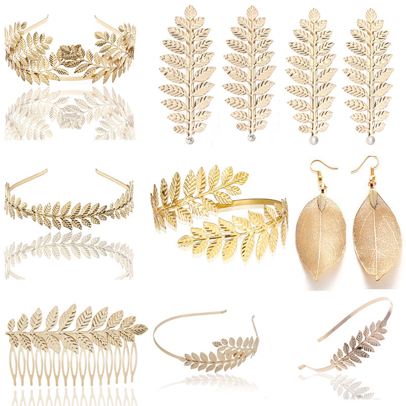 [Metal leaf headband] European and American popular bridal headband golden leaf headdress hair accessories crown headband arm ring
