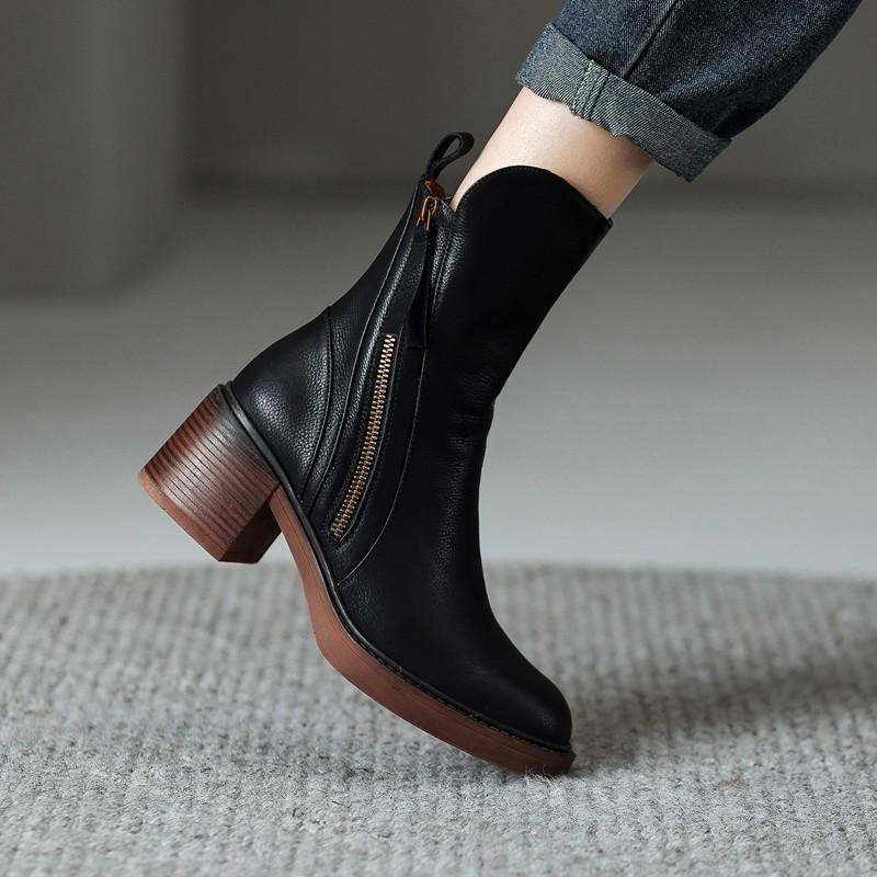 23 Autumn New genuine leather thick bottom round toe brushed double zipper Martin boots Women's thick heel platform Brown retro short boots