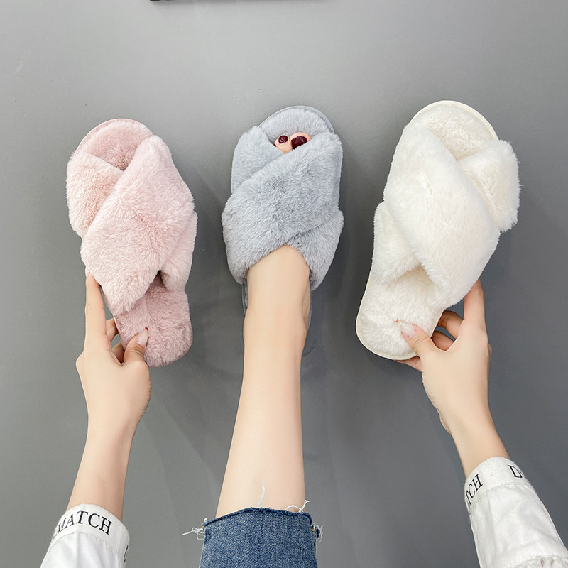 Amazon Large Size Fluffy Slippers Home Cross Open Toe Outwear Fluffy Slippers Women's Flat Cotton Slippers Warm Women's Shoes