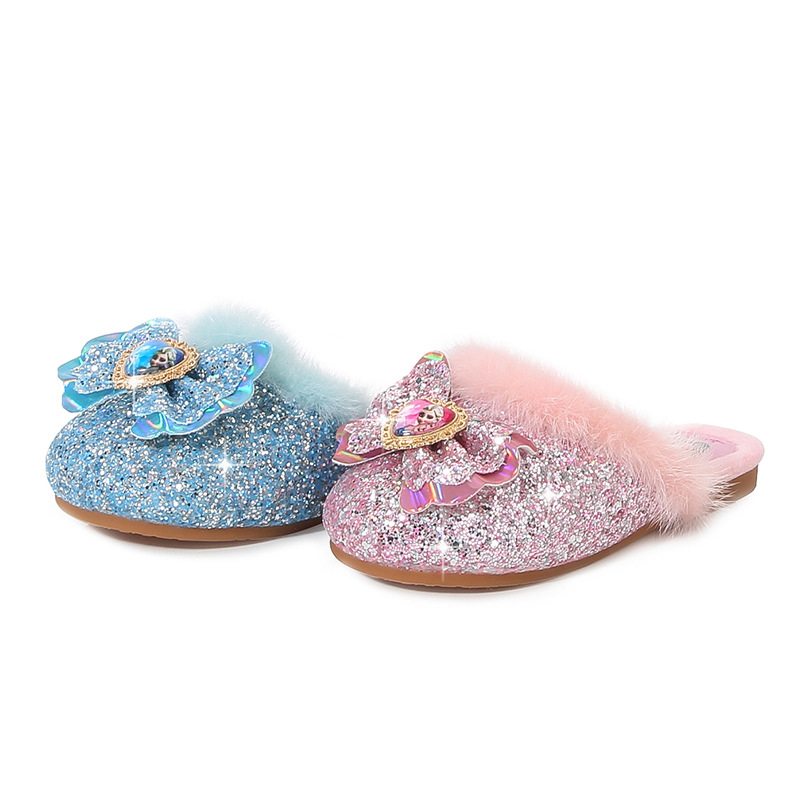 Children's Winter Fluffy Mop Fashion New Girl Princess Elsa Fashion Home Flat Heeled Warm Cotton Mop