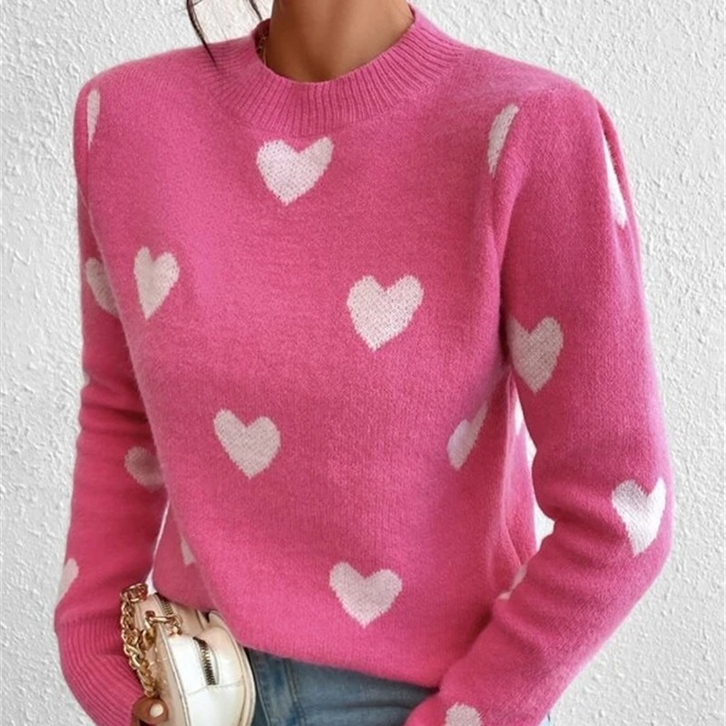 Amazon autumn and winter European and American cross-border AliExpress new heart-shaped pattern loose round neck knitted pullover sweater