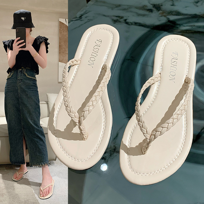 Slippers外貿大碼平底拖鞋女圓頭編織輕便休閒人字拖休閒沙灘涼拖