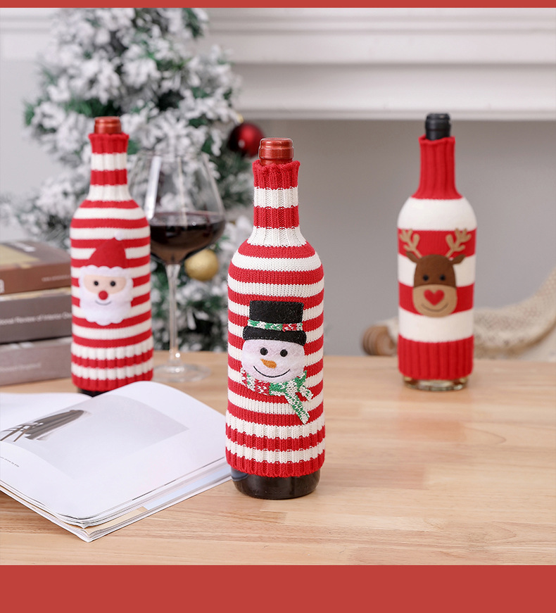 Neu Weihnachtsschmuck Wolle Acryl Gestrickte Gestreifte Weinflasche Set Elch Schneemann Wein Champagner Flasche_voghion.com