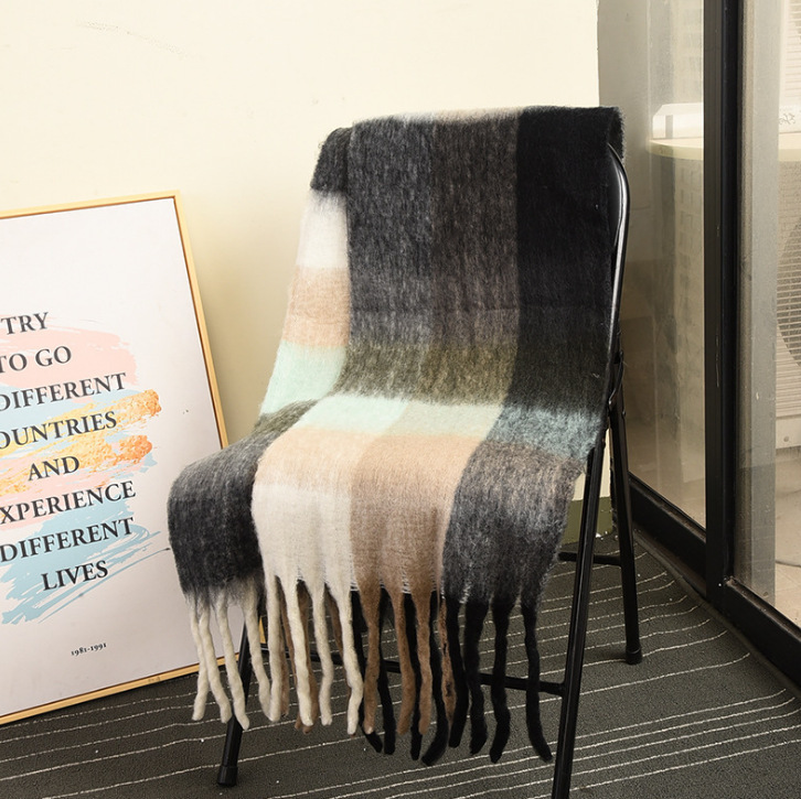 Scarf Women's Winter ac Double-sided Rainbow Plaid Shawl Long Hippo Hair Color-block Scarf Men's Same Tassel