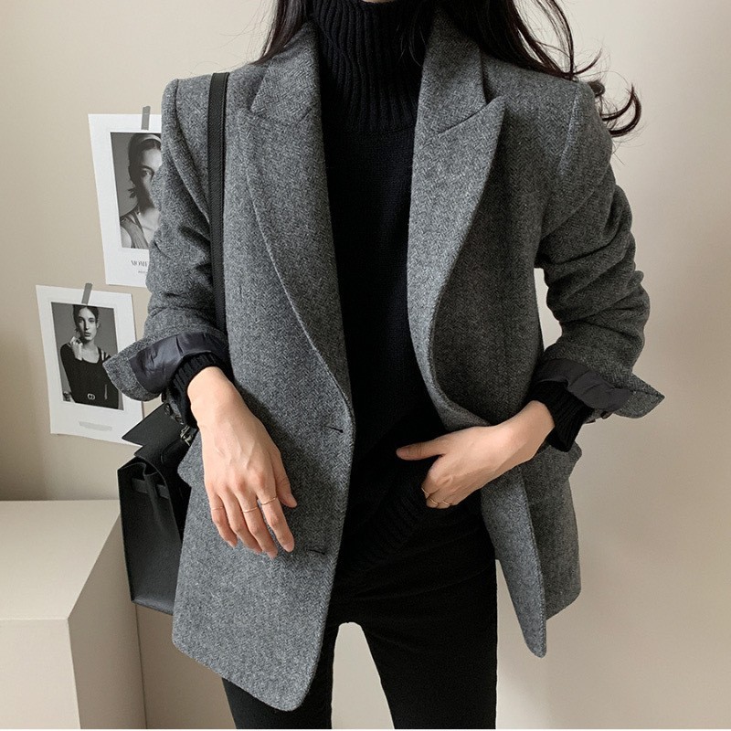In stock 2023autumn new solid color all-match woolen suit jacket for women South Korea Dongdaemun purchasing agent
