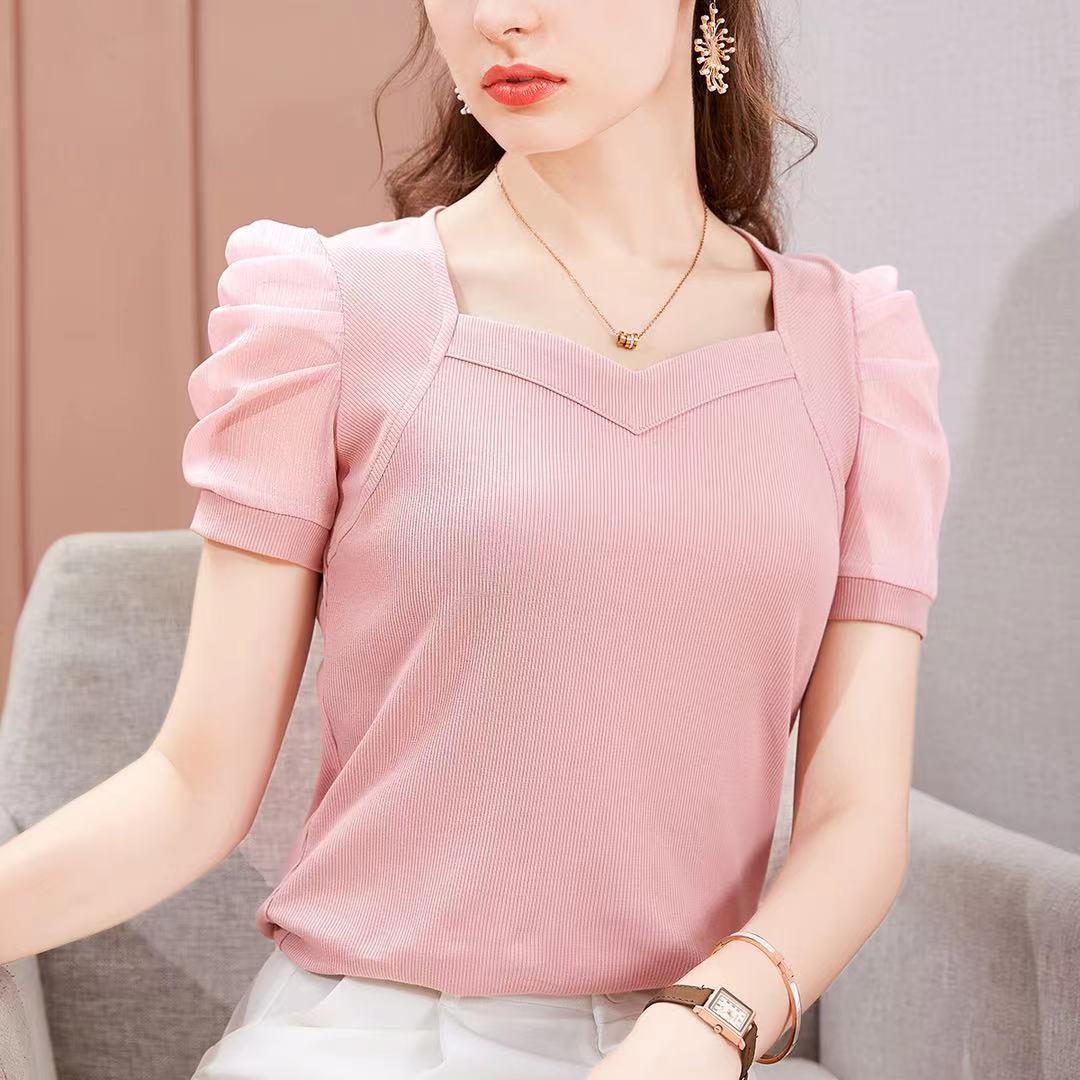 Spot Ice Silk T-shirt Women's 2023 New Summer Short-sleeved T-shirt French Court Style Puff Sleeve Top Trendy