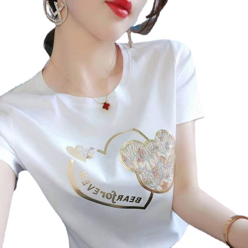 Heavy industry bronzing bear short-sleeved T-shirt for women  spring and summer Korean style personalized design loose new inner top