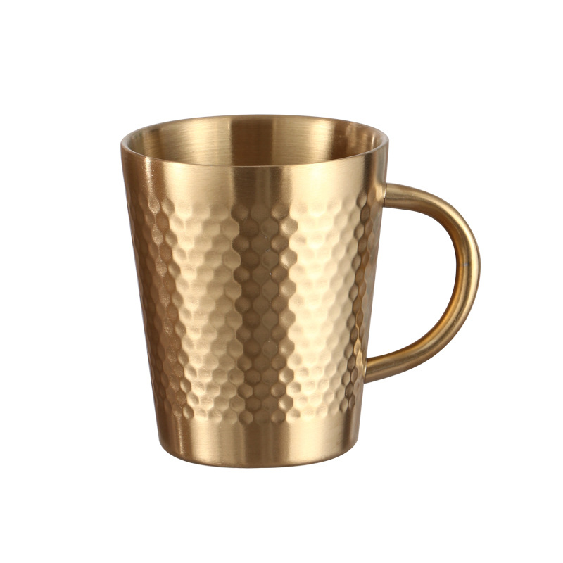304 Stainless Steel Mug Double Layer Heat Insulated Coffee Mug Creative Beer Mug with Handle Korean Hammer Pattern Water Cup