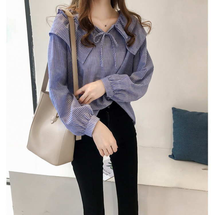 Women's New Korean Style Doll Collar Large Size Striped Shirt Women's Loose Top Hong Kong Style Long Sleeve Shirt