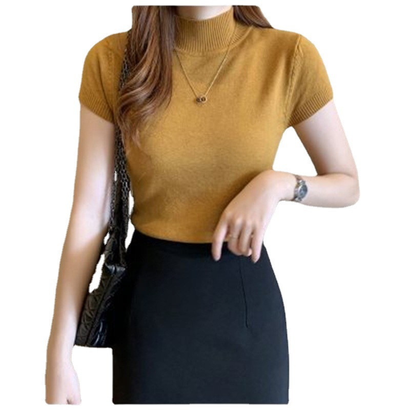 Women's Half-High Neck Half-Sleeve Sweater for Summer Base Core-Spun Yarn Sweater Slim-Fit Slimming Short Vest Top for Outer Wear