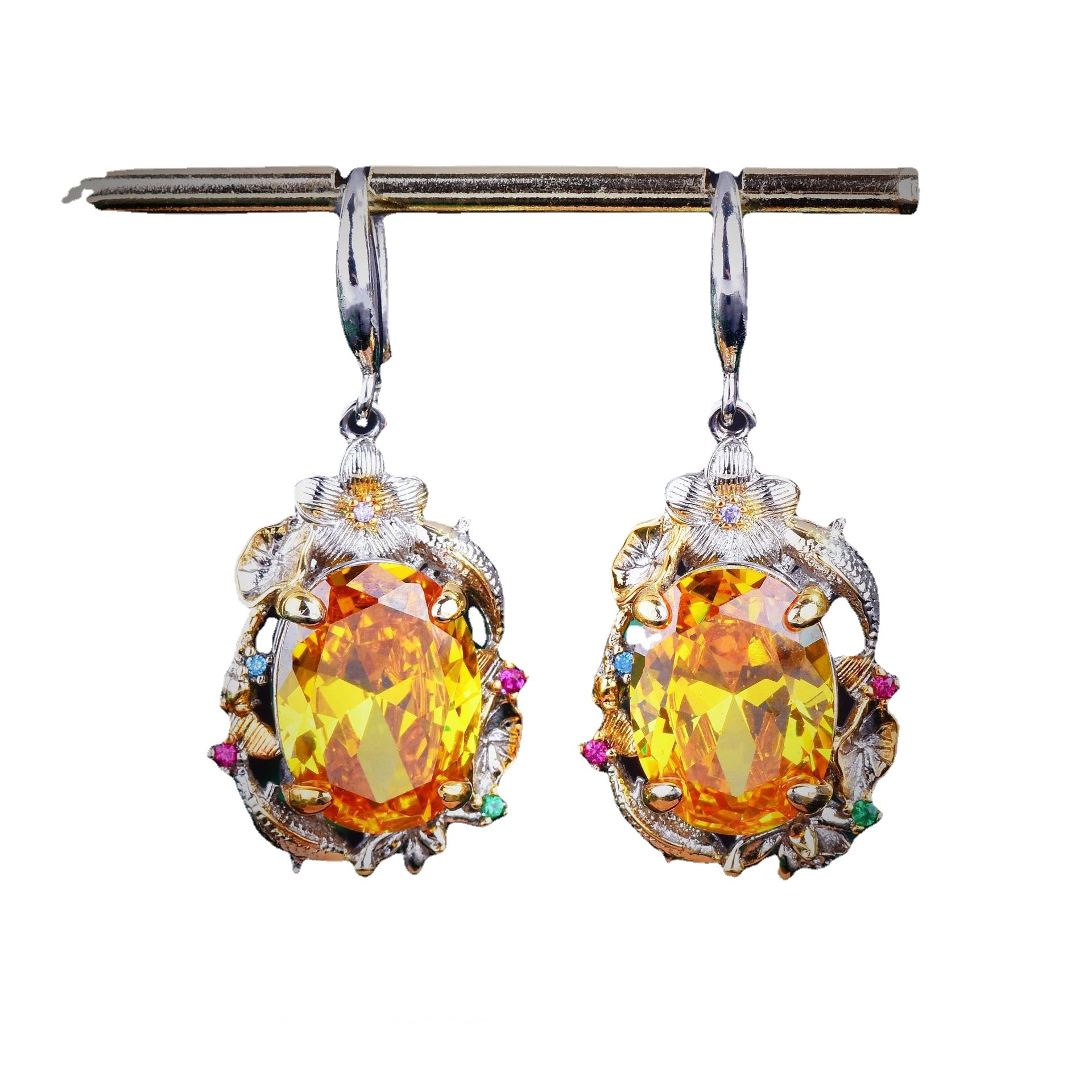 Italian Vintage Court Style Pisces Play Lotus suit Brilliant Yellow Diamond Lotus Leaf Pendant Earrings Open Ring