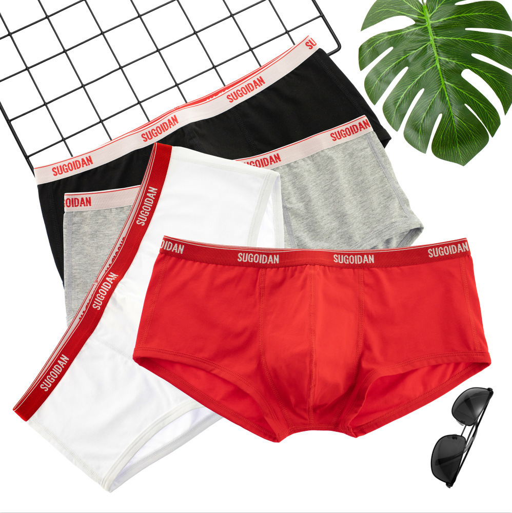 New Pure Cotton Youth Sports Four Corner Underwear with Narrow Waistband Low-Waisted Tight Comfortable Breathable Flat-Sided Pants for Men, Red