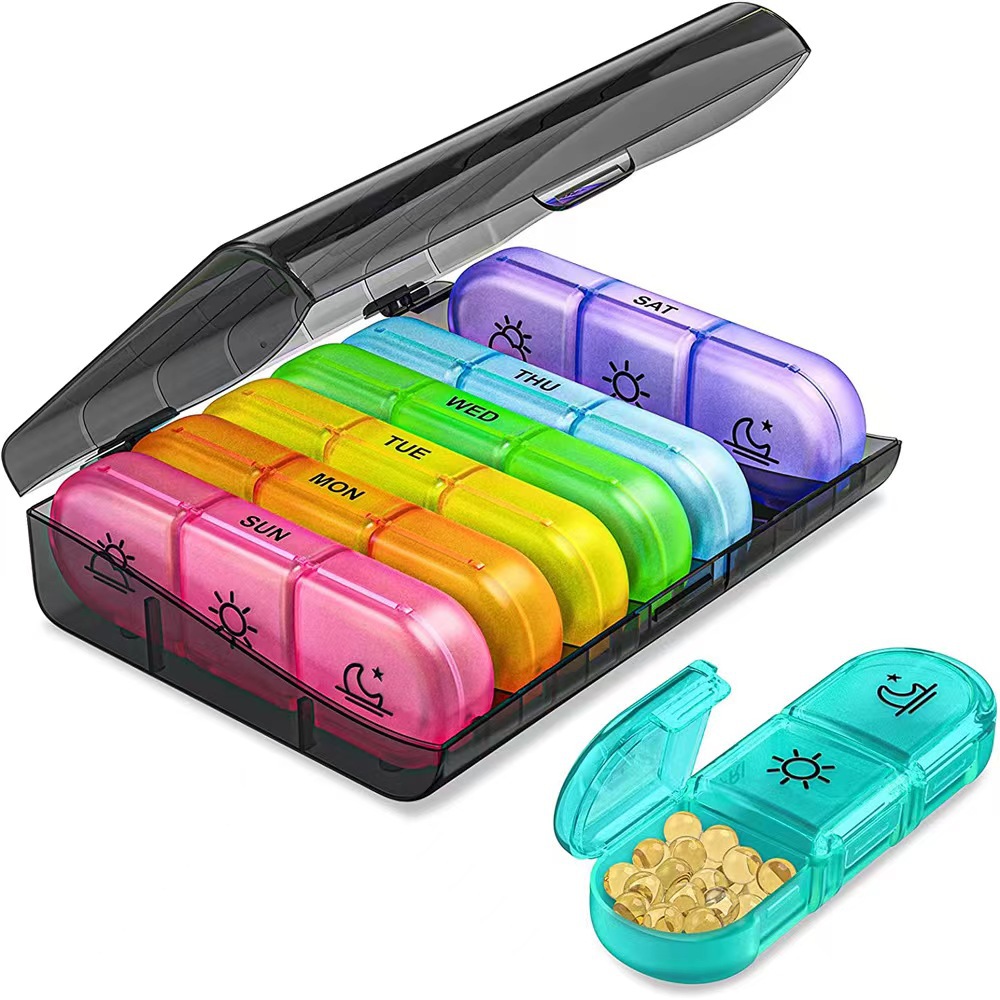 Amazon new hot sale 21 grid black pill box classification box portable plastic compartment seven days a week