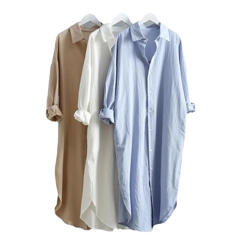 Cotton and linen sun-proof white shirt Women's outer wear 2023 autumn new versatile loose casual top mid-length shirt dress