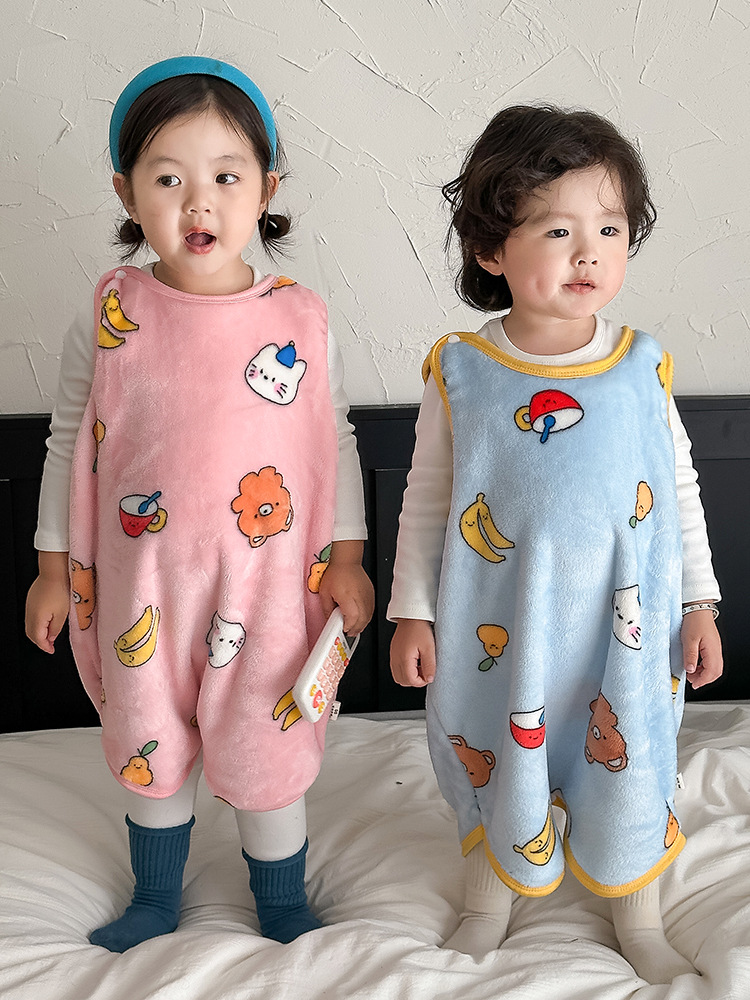 Baby sleeping bag autumn and winter fleece-lined warm children's sleeping anti-kick one-piece home wear sleeveless vest pajamas