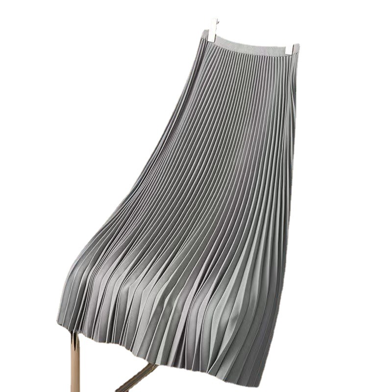 Cross-border Satin High-grade Solid Color Pleated Skirt 2023 Summer Thin Mid-length Knee-high Waist A- line Skirt Skirt