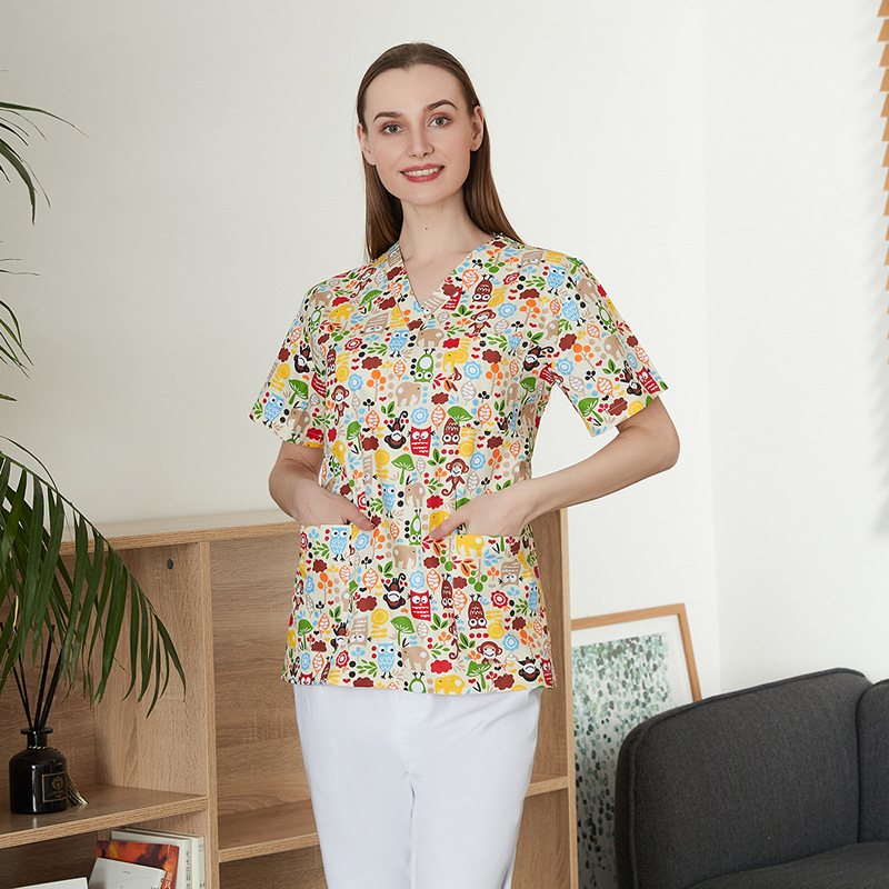 Cross-border Amazon Explosions Cartoon Printed Nursewear Women's V-Neck Short-sleeved T-shirt Top Surgical Clothes Work Clothes Men